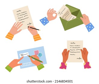 Human people hands writing closed and open envelope message concept. Vector flat cartoon design element illustration