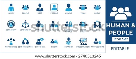 Human and people icon set featuring professional profiles, team collaboration, leadership, user avatar, customer support, business staff, and office community symbols.