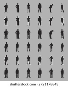 Silhuetas de pessoas humanas de pé em diferentes postes vetor isolado no fundo branco