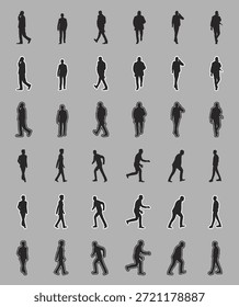 Silhuetas de pessoas humanas de pé em diferentes postes vetor isolado no fundo branco