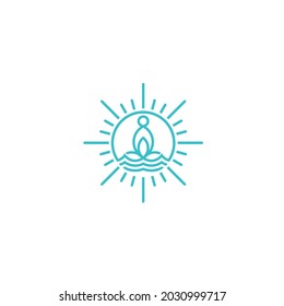 Human People Yoga Meditation, Waves of Sea Water, Sunlight, Leaves Nature, Health Environment Logo Design Inspiration