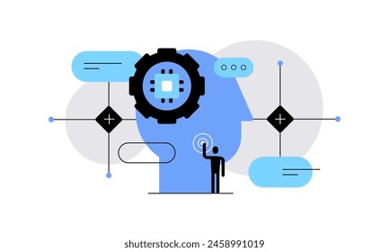 Persona humana y cabeza de gran robot en busca de solución. Análisis de macrodatos, algoritmos e inteligencia artificial. Ilustración plana, Anuncio de Web. archivo de Vector. 