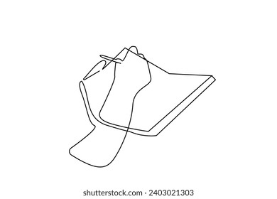 human person holding a pen taking notes writing one line art design