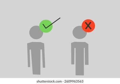 Human person icon with a check mark and a crossed out sign 