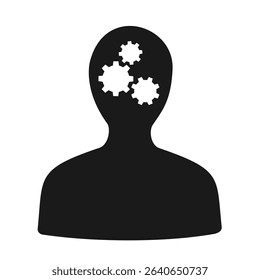 Human, person and man with cogweehl in head. Metaphor of mechanical, logical and rational thinking. Mind and mental process as machine, logic and mechanism. Vector illustration isolated on white.