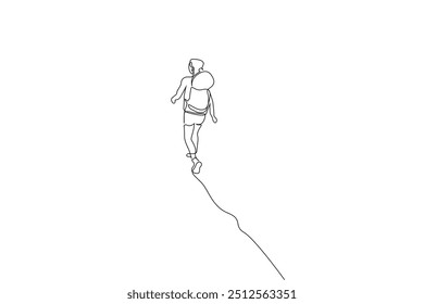 human person nature backpacking hike trekking walk back view one line art design vector