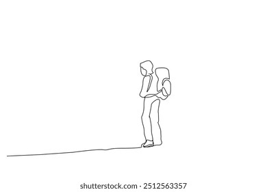 human person nature backpacking hike trekking walk back view one line art design vector