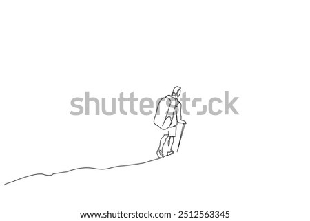 human person nature backpacking hike trekking walk back view one line art design vector
