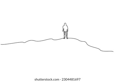 human person nature mountain peak far away hiking trekking lifestyle back behind rear line art