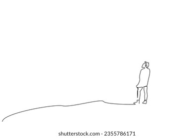 human person thoughtful walking away in nature full body length lifestyle line art