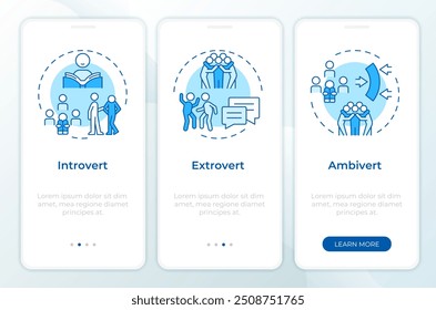 Personalidades humanas tela de aplicativo móvel onboarding azul. Passo a passo 3 passos instruções gráficas editáveis com conceitos lineares. UI, UX, modelo de GUI