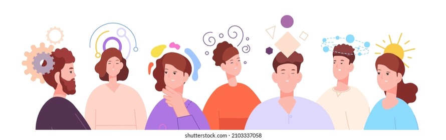 Human personality feelings. Brain imagination dream, people think, mindset psychology, emotion behavior, abstract attitude, mind focus, vector illustration. Mental psychology personality emotion