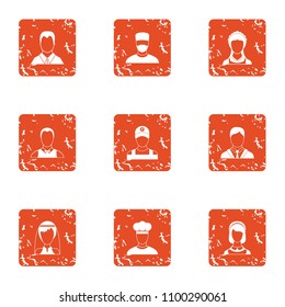 Human personality icons set. Grunge set of 9 human personality vector icons for web isolated on white background