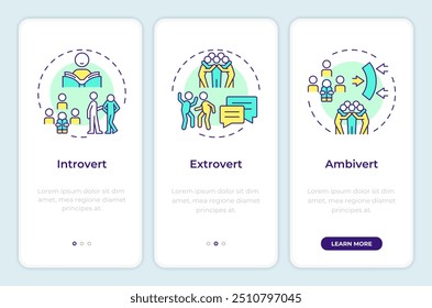 Personalidade humana tipos onboarding tela de aplicativo móvel. Passo a passo 3 passos instruções gráficas editáveis com conceitos lineares. UI, UX, modelo de GUI