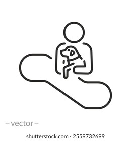 human with a pet on escalator icon, transportation of dogs on the escalator, holding animal in hands, thin line web symbol on white background - editable stroke vector illustration eps10