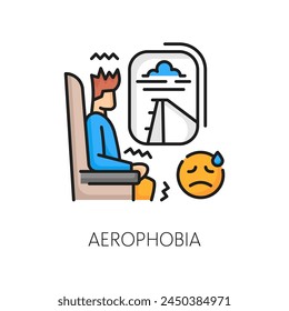 Human phobia, aerophobia psychology anxiety, mental problem line color icon. People psychology, mental disorder or phobia fear problem thin line vector symbol with man scared of airplane flights