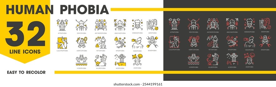 Iconos de línea de fobia humana, salud mental, problemas de psicología. Astrafobia, dentofobia, antropofobia y aracnofobia. Verminofobia, aerofobia o claustrofobia, herpetofobia y petofobia