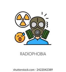 Fobia humana, salud mental y ansiedad, problema de la psicología radiofóbica contorno icono de color. Temor por radiación o problema de fobia, trastorno mental y ansiedad señal de vector de línea delgada con persona con máscara de gas