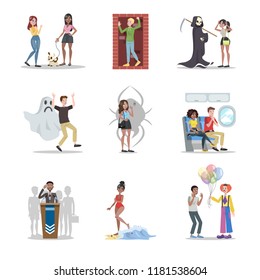 Human phobia set. Collection of irrational human fears. Psychology and psycho therapy concept. Claustrophobia and fear of clown. Social anxiety. Vector flat illustration