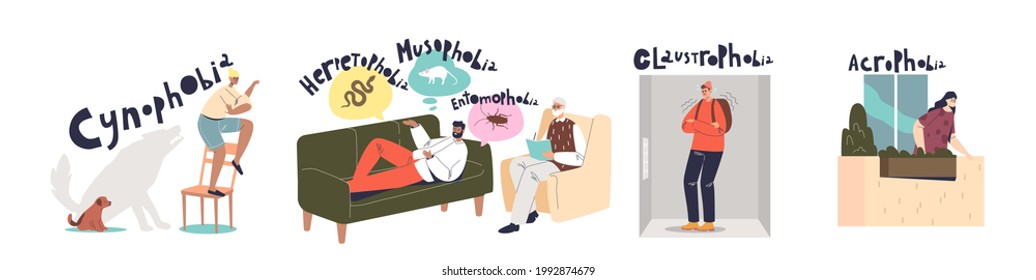 Human phobias and fears: set of cartoon characters suffering from mental disorders, claustrophobia, acrophobia, cynophobia and different paranoia. Flat vector illustration