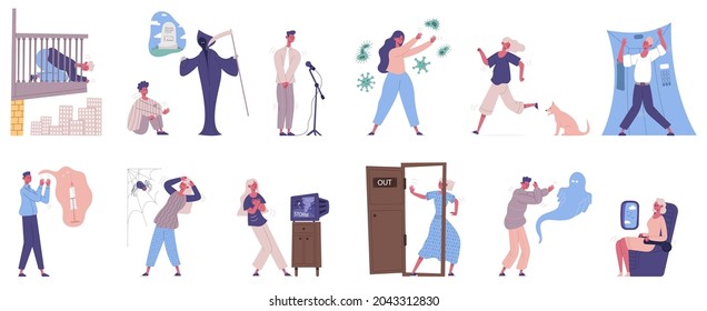 Human phobias, frightened scared emotional people. Afraid, scared man woman characters scary of death, spiders and dogs vector illustration. Emotional person phobias. Claustrophobia and agoraphobia