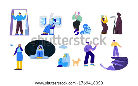 Human phobias set. Afraid flying in an airplane dislike enclosed spaces scared spiders depression in bad weather dread of dogs panic death, fear of vector height.