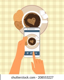 Human is photographing his cup of coffee  in restaurant