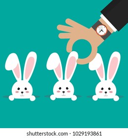 Human pick up a cute rabbit. Happy Easter bunny isolated icon vector illustration