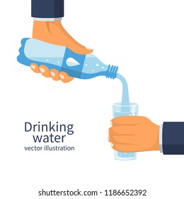 Human is picking up a glass of water from a plastic bottle. A cool mineral natural drink. Glass and bottle holding in hand. Vector illustration flat design. Isolated on background. 