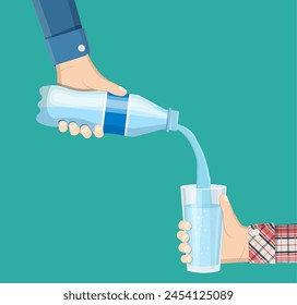 Human is picking up a glass of water from a plastic bottle. A cool mineral natural drink. Glass and bottle holding in hand. Vector illustration in flat style