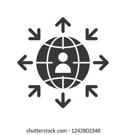 human pictogram on globe and arrow, communication concept solid icon