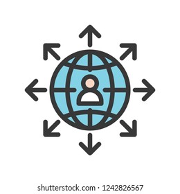 human pictogram on globe and arrow, communication concept icon.editable line