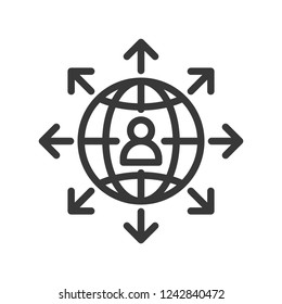human pictogram on globe and arrow, communication concept icon.editable line