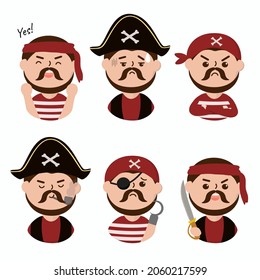 Personajes de caricatura pirata humana en varias poses y emociones como marinero, jefe, alegre, enfermo, seguro, gancho, espada. Carácter vectorial pirata o mascota en diferentes poses y actividades