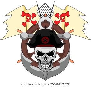 Human Pirate Skull Old Ship Captain Wheel Vector Art 