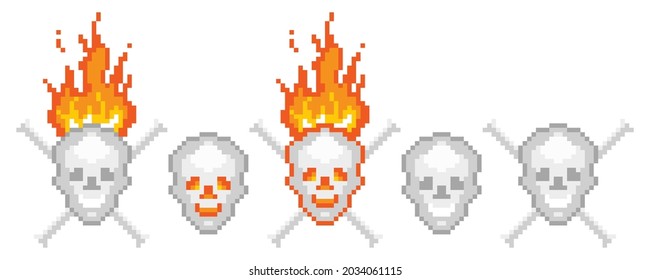 Human pixel skulls. Flaming jolly roger bones with halloween grin. Dead head with crossbones as symbol of pirate party and retro 8 bit vector game