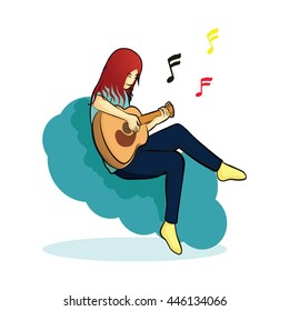 human play guitar sitting on blue cloud vector logo
