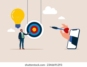 Human pointing at center of bullseye dart target. Concentrate on purpose. Flat vector illustration.  