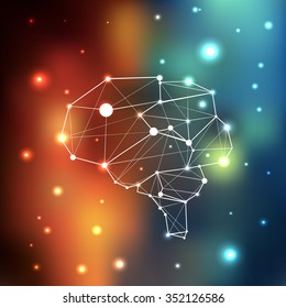 Human poly brain connected with the universe. Cosmos blurred background with glowing stars. You can use it for illustration, poster or book cover