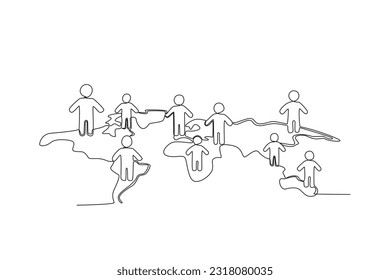 Human population on various islands. World population day one-line drawing