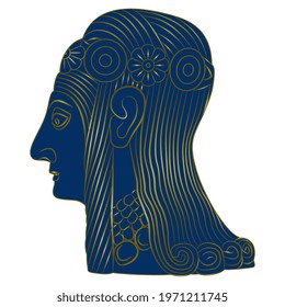 Human portrait in profile. Ancient man or woman with long hair from Nimrud. Blue and gold silhouette.
