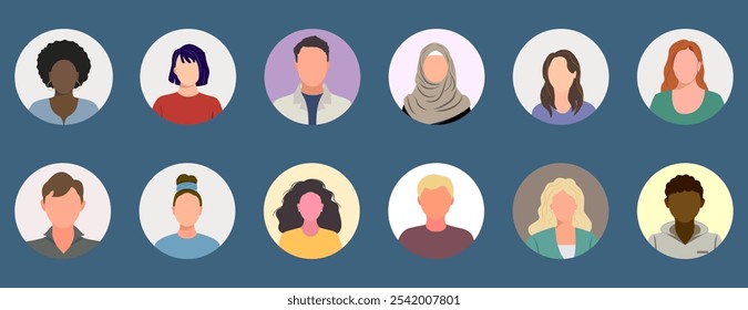 Retratos humanos, avatar, anônimos. Conjunto de ícones de face humana isolados para representação humana. Mulheres e homens multiculturais para imagem de perfil. Ilustração vetorial do rosto do usuário para a Web ou conta
