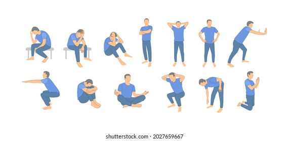 human poses isolate. body position is different. different poses full growth - vector flat style illustration. yoga fitness