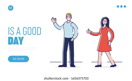 Human Positive Emotions And Happiness Concept. Website Landing Page. Man And Woman Express Positive Emotions Showing Ok And Thumb Up Signs. Cartoon Flat Outline Linear Vector Illustration