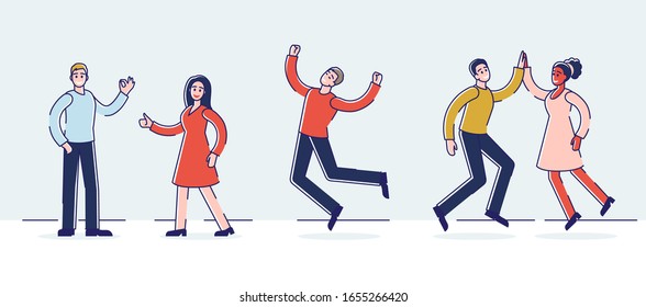 Emociones Positivas Humanas Y Concepto De Felicidad. Un Grupo De Personas Felices Está Expresando Emociones Positivas Haciendo Gestos De Mano. Están Felices Y Satisfechos. Ilustración de vectores lineales de esquema de caricatura