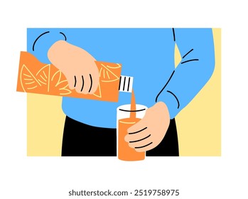 Un humano vierte jugo de naranja en un vaso. Bebida refrescante afrutada. Fruta cítrica. Ilustración vectorial de dibujos animados