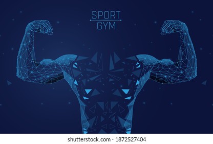 Human power low poly wireframe banner template. Polygonal physical strength, strong bodybuilder, athlete body mesh art illustration. 3D male hand muscles, flexed biceps with connected dots ,wireframe