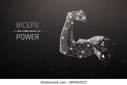 Human power low poly wireframe banner template. Polygonal physical strength, strong biceps bodybuilder, athlete body mesh art illustration. 3D muscles of a male arm, bent biceps with connected points