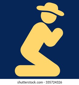 Human Pray vector icon. Style is flat symbol, yellow color, rounded angles, blue background.