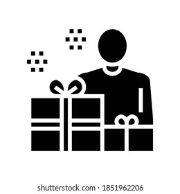 humano con presenta el vector de icono de glifo. humano con signo de regalo. símbolo de contorno aislado ilustración negra
